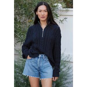 Jenni Kayne Cotton Cable Knit Half Zip Sweater Navy Blue XS Pullover Jumper